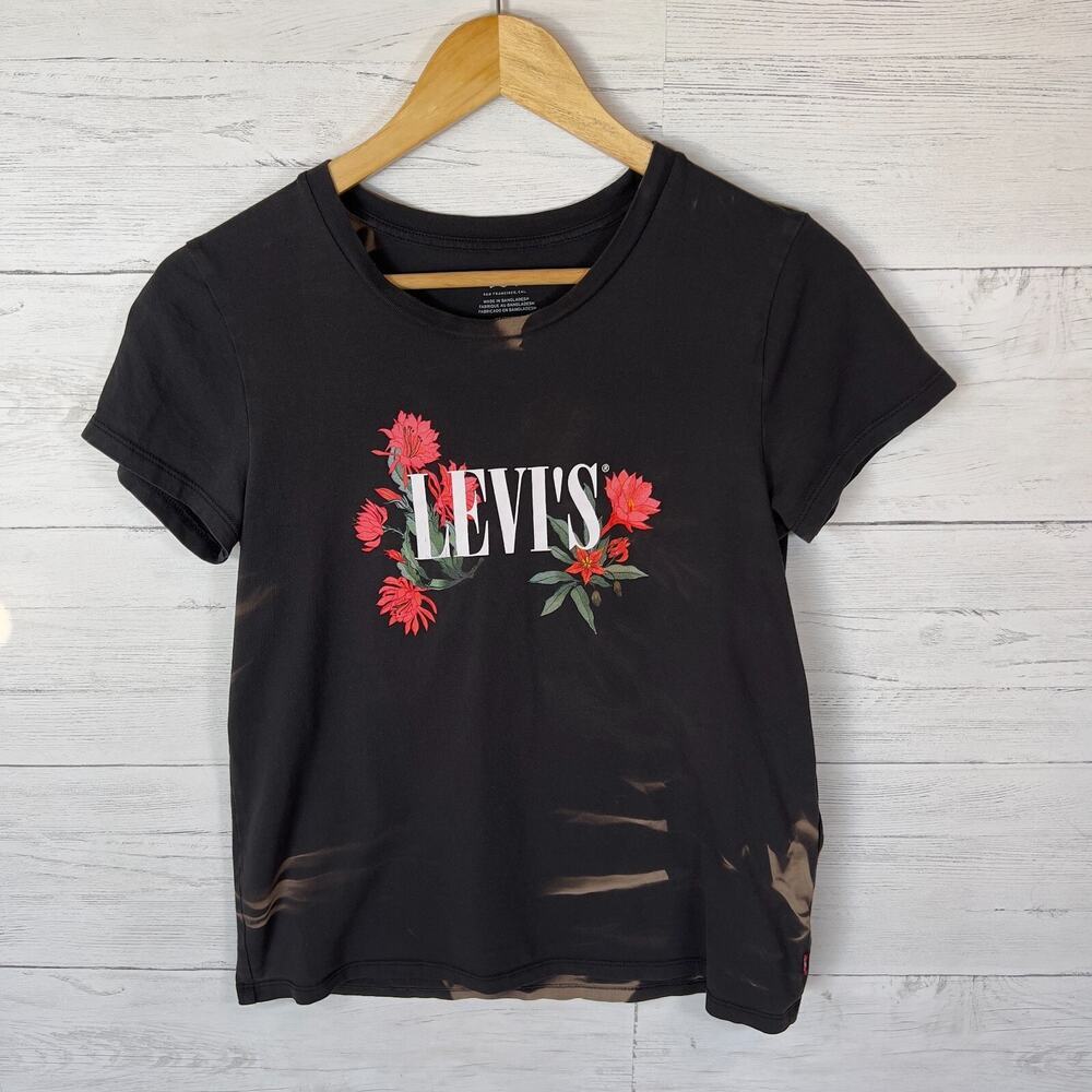 Levis Top SZ XS Black The Perfect Tee Bleached Logo Cactus Flower Short Sleeve - Picture 3 of 12